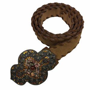 Vintage Y2K 00s Brown Leather Belt Statement Buckle Hippie Distressed Boho